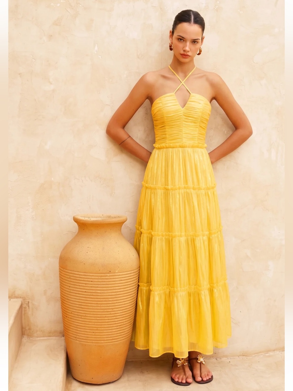 Commense Yellow Halter Tiered Maxi Dress Small